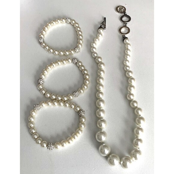 Anne Klein Silver Tone 4-PC Faux Pearls Necklace &Bracelet Set w/Crytal Accents - Picture 2 of 6
